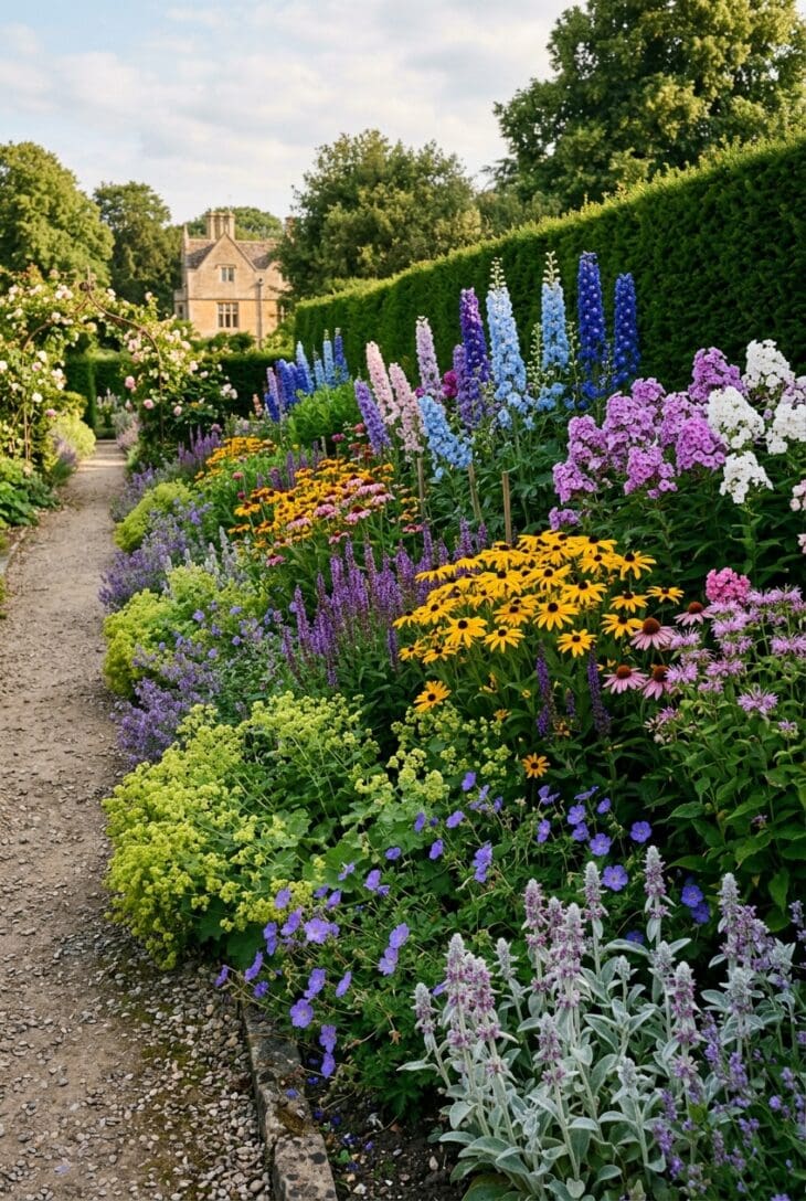 Deep herbaceous perennial border in tiers of delphiniums, phlox, rudbeckia, salvia and geraniums against a hedge