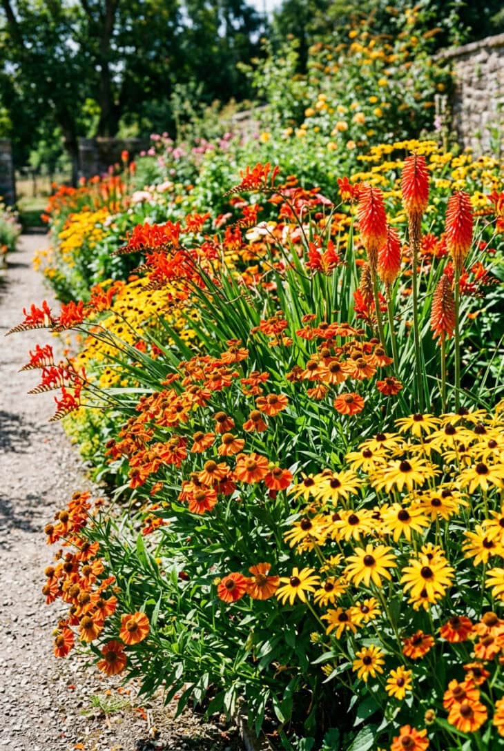 Vivid hot border of red crocosmia, red hot pokers, orange heleniums and golden rudbeckia in full sun