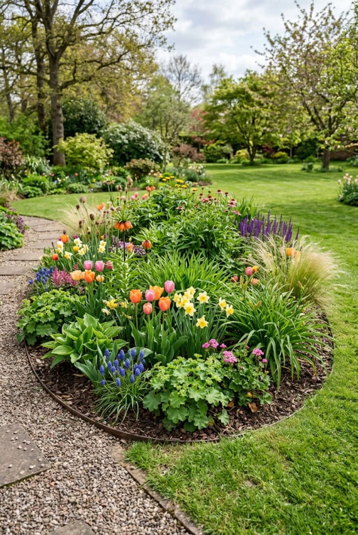 Rounded island bed in a lawn planted for four-season interest with perennials, grasses and seedheads