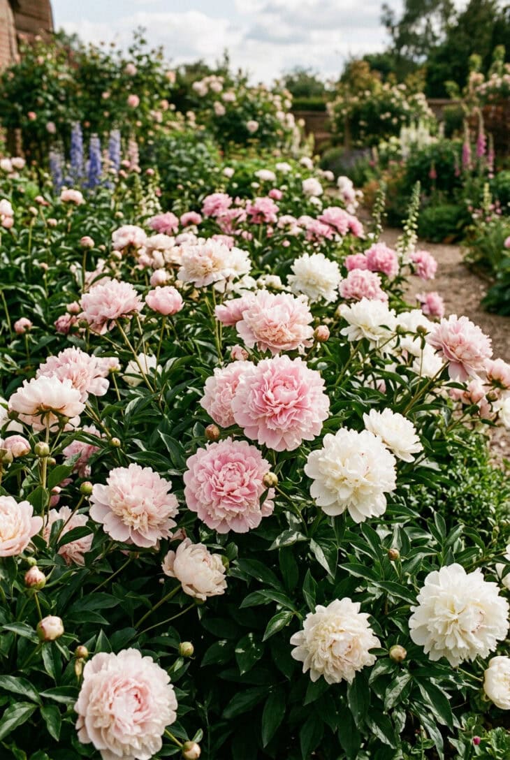 Bed of herbaceous peonies with huge double pink and white flowers on lush green foliage