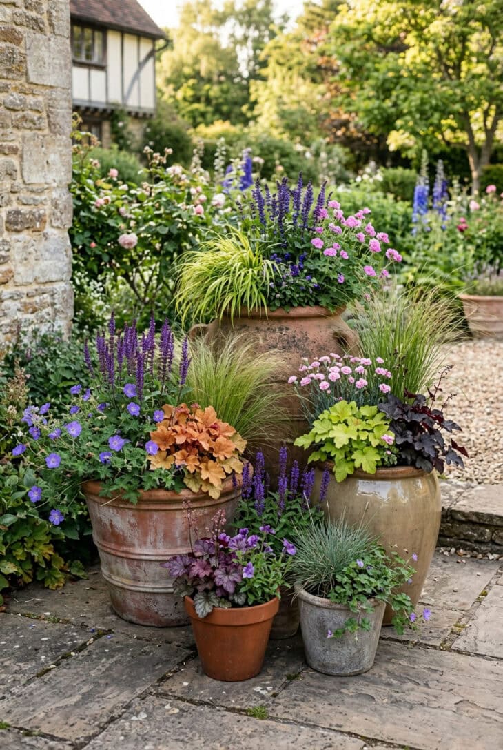 Cluster of large patio containers planted with heuchera, grasses, salvia and hardy geranium