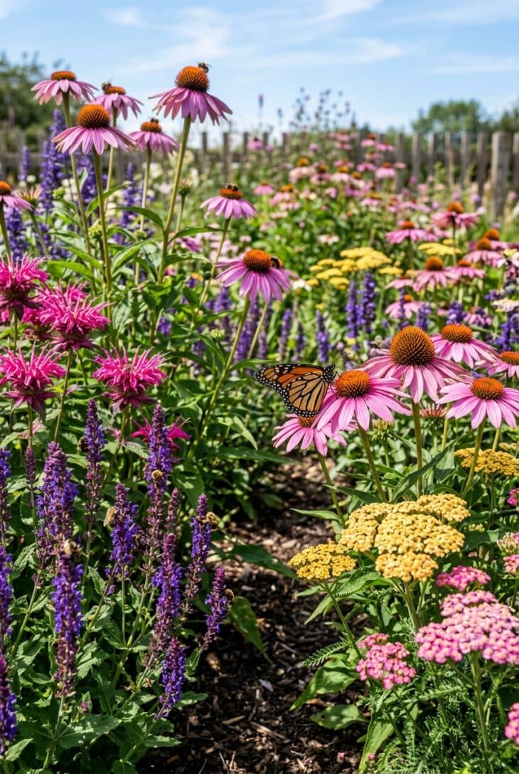 Sunny perennial patch of echinacea, bee balm, salvia and yarrow with bees and a feeding butterfly