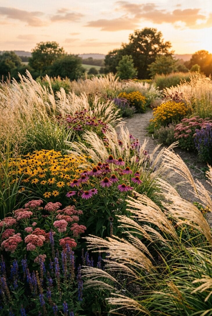 Naturalistic prairie planting of feathery grasses mixed with rudbeckia, echinacea and sedum in golden light