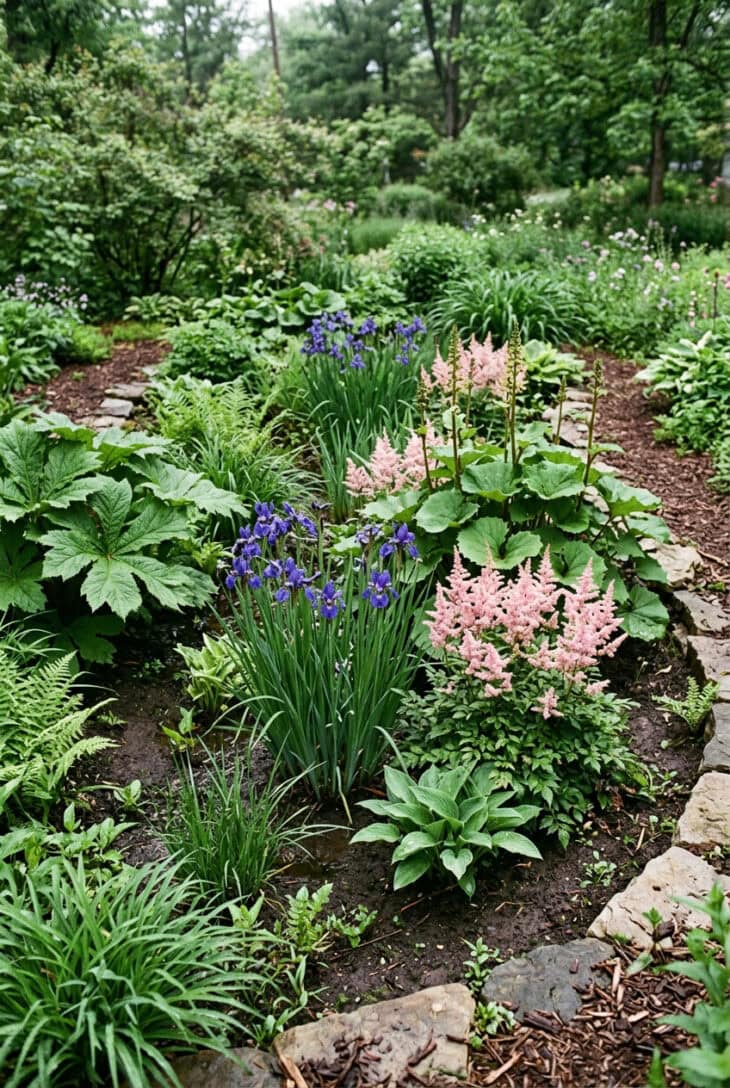 Planted rain garden hollow of blue iris, pink astilbe, ligularia and rodgersia in damp ground