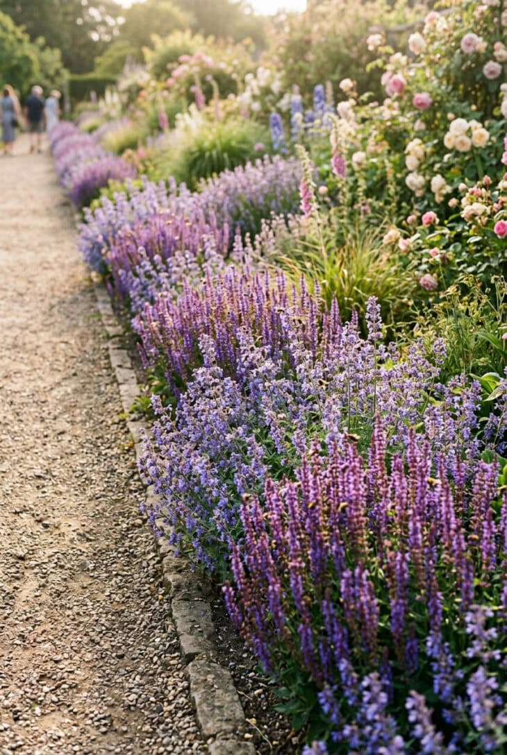 Long ribbon of purple salvia and blue catmint edging a path, a haze of spikes alive with bees