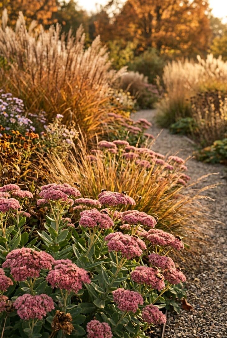 Autumn border of rose-pink sedum flower heads on fleshy stems with bronze grasses behind