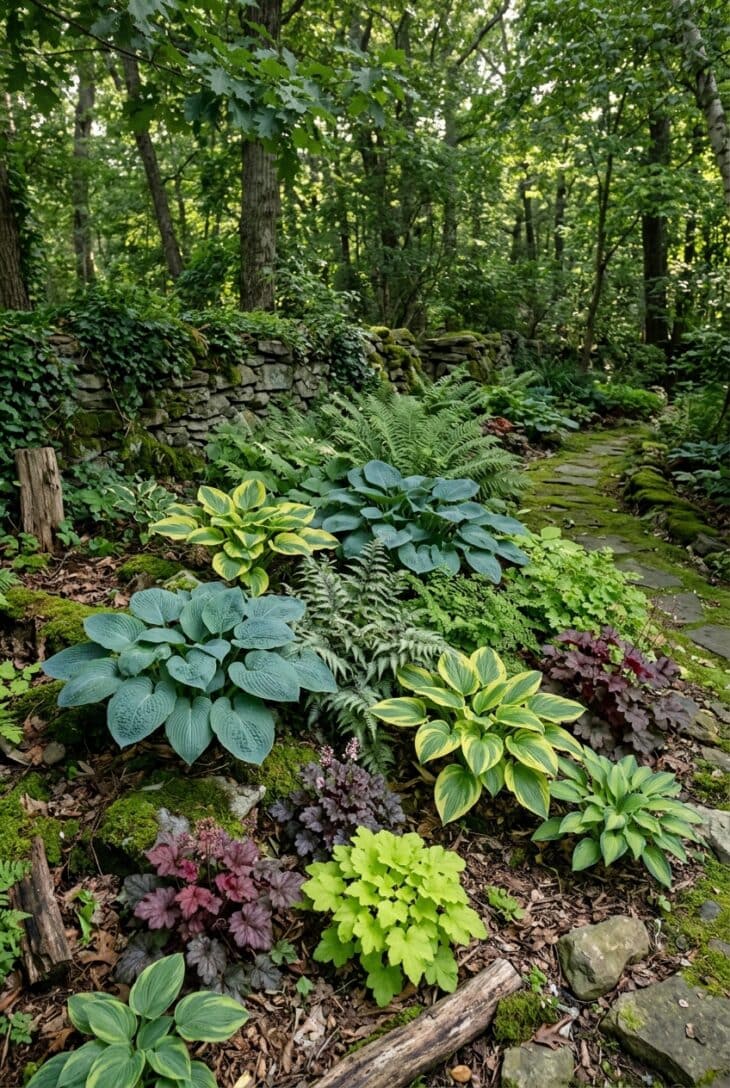 Shady corner planted with blue and gold hostas, ferns and wine-and-lime heuchera in layered foliage