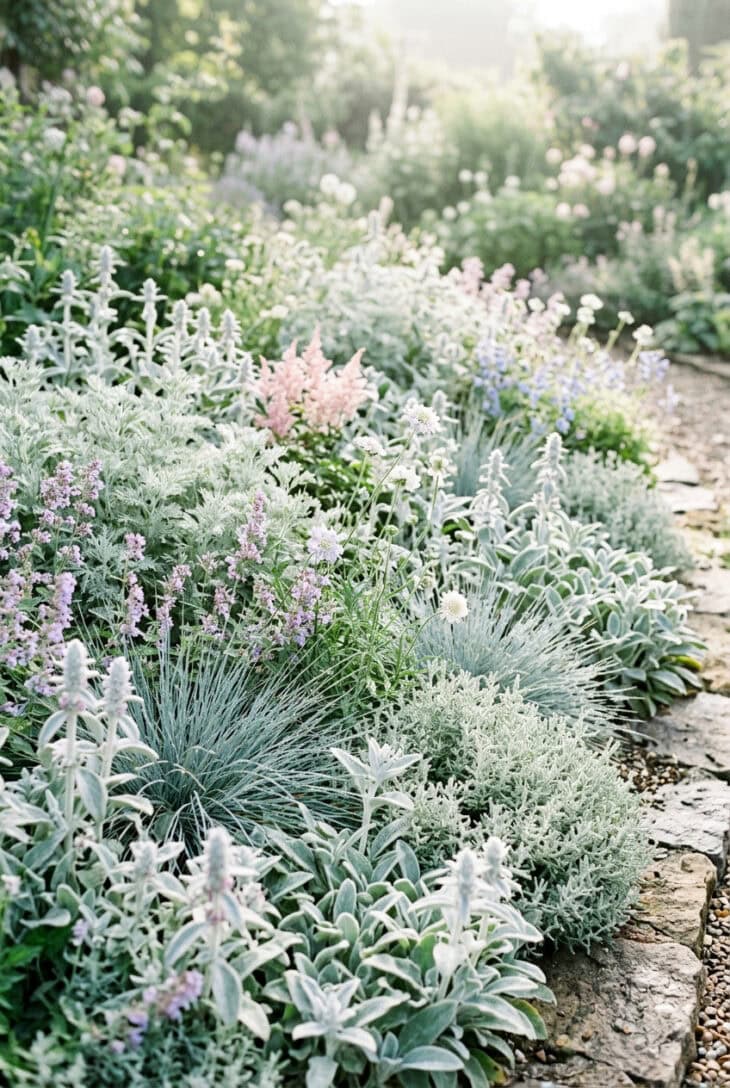 Shimmering border of silver artemisia, lamb's ears, santolina and blue-grey grasses with pastel flowers