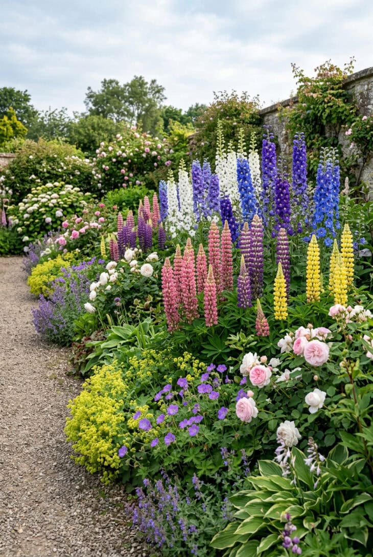 Border punctuated by tall lupin and blue delphinium spires rising above lower planting