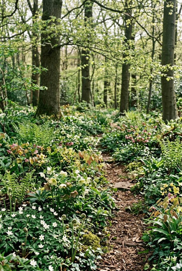 Woodland bed of ferns, epimedium, hellebores and wood anemones carpeting the ground under trees