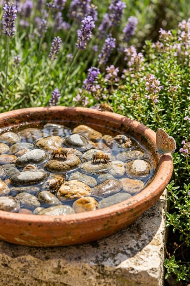 Shallow terracotta dish filled with pebbles for bees to land and drink