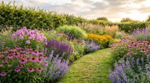 Mature summer perennial border of coneflowers, catmint, phlox, salvia and grasses along a mown grass path