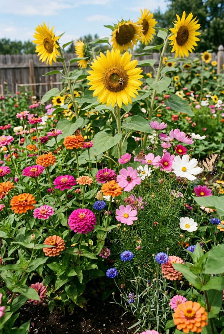 Dense patch of sunflowers, zinnias, cosmos and cornflowers grown from seed