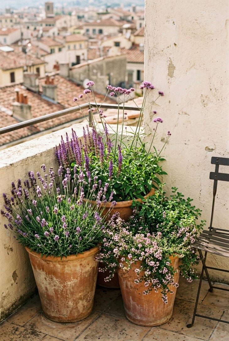 Three terracotta pots of lavender, salvia and thyme on a sunny balcony with bees