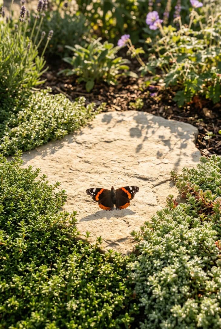 Red admiral butterfly resting with open wings on a sunlit flat stone slab