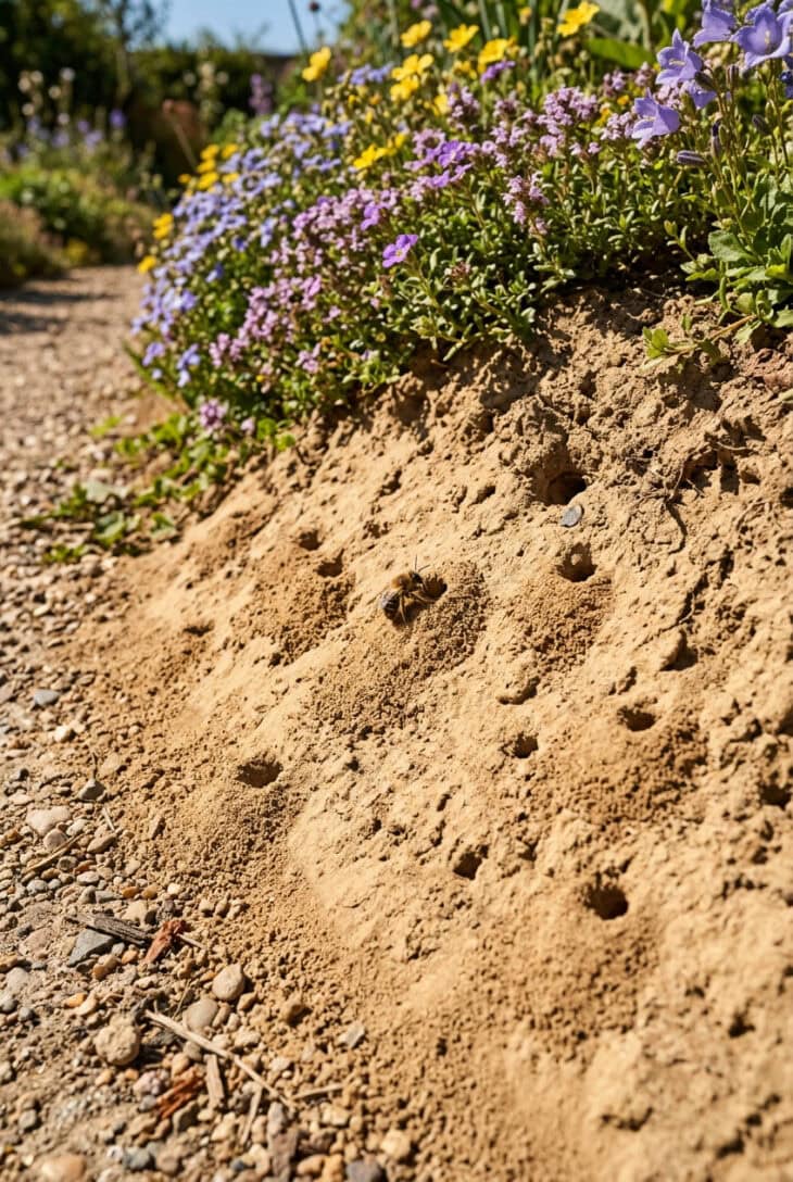 Bare sandy bank with small mining bee nest holes and excavated soil mounds