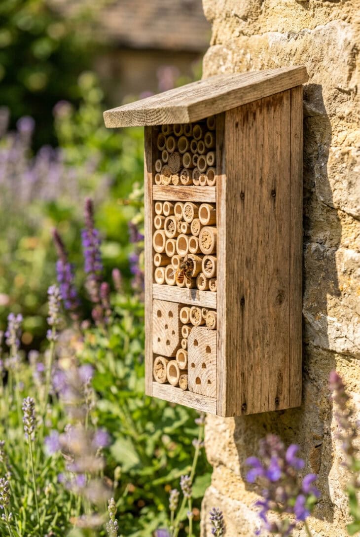 Mason bee entering a bamboo tube in a wooden bee hotel on a sunlit wall