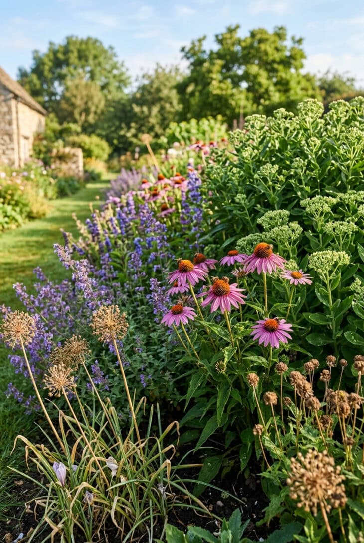 Sunny border with spent alliums, blooming coneflowers and unopened sedum buds together