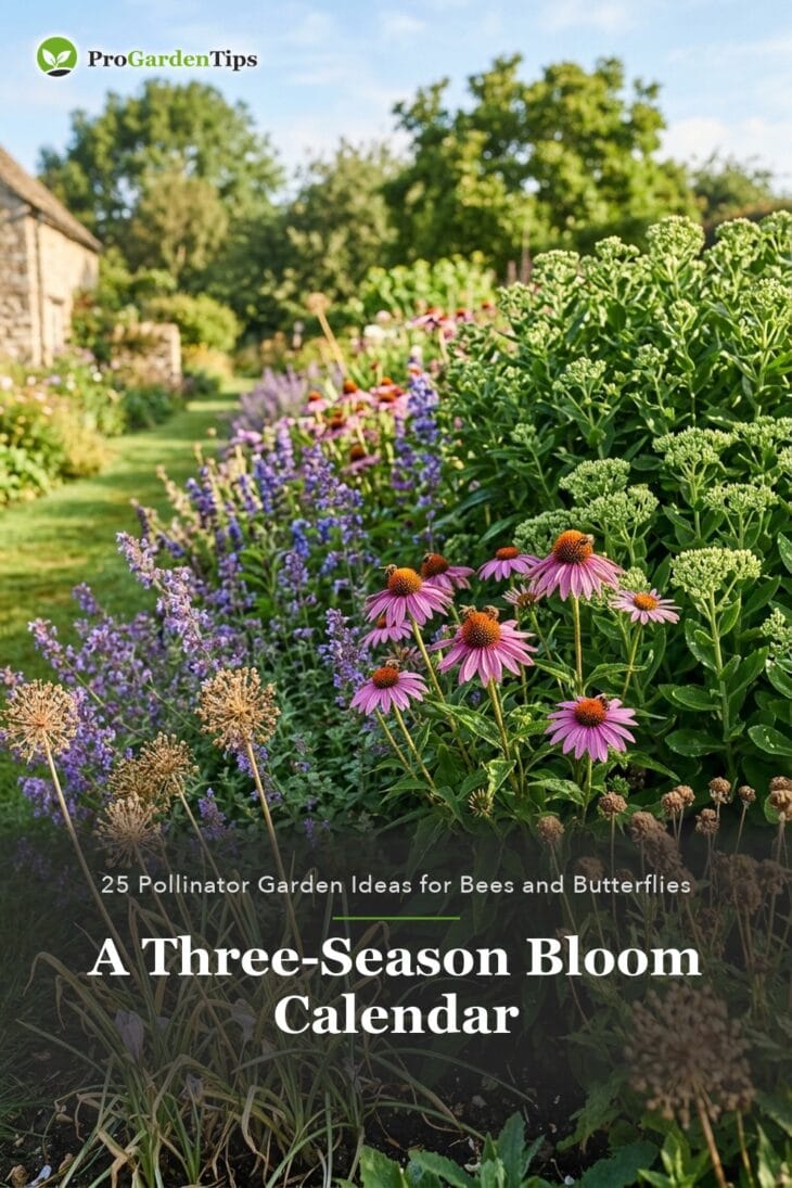 Sunny border with spent alliums, blooming coneflowers and unopened sedum buds together