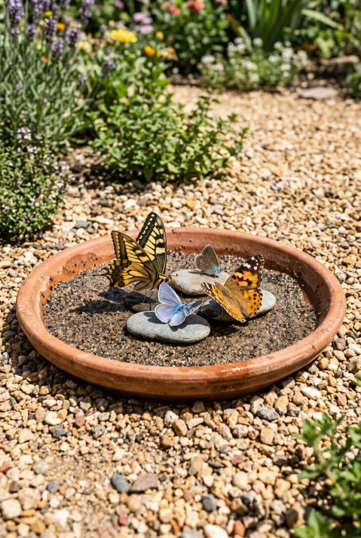 Butterflies clustered on damp sand in a shallow terracotta saucer