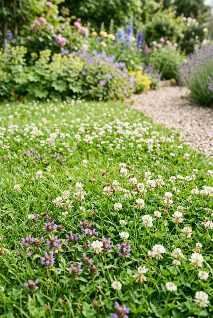 Green lawn threaded with flowering white clover and purple self-heal with bees