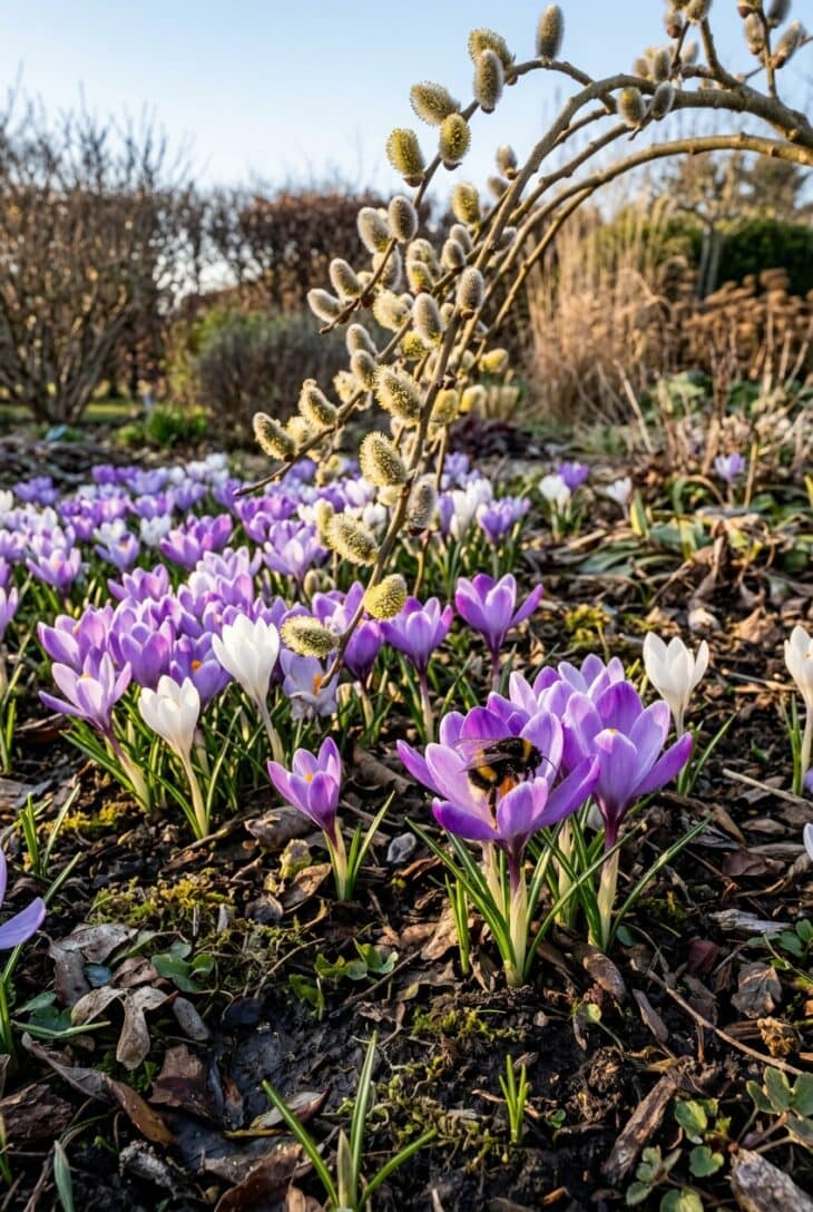 Queen bumblebee entering an open purple crocus with pussy willow catkins behind