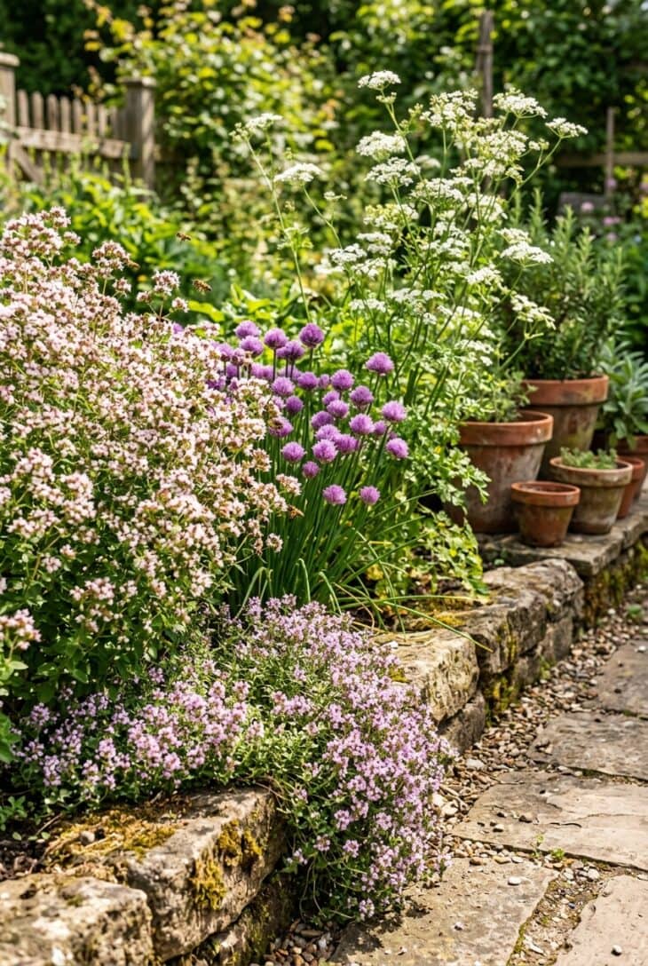 Herb bed in flower with blooming oregano, chives, thyme and bolting cilantro
