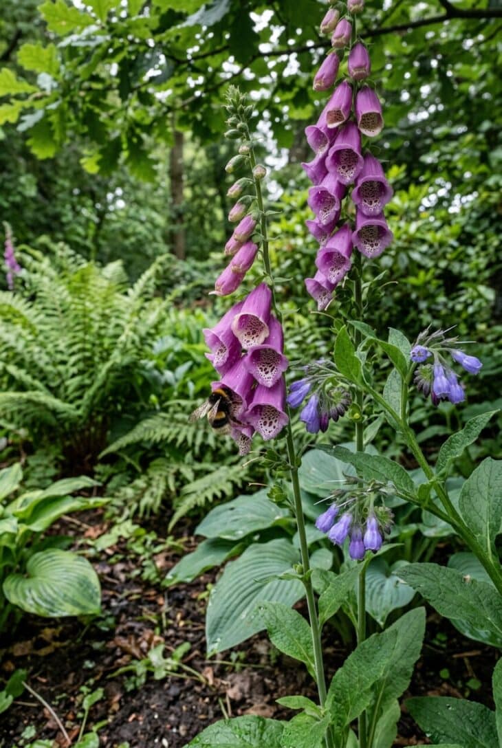Bumblebee crawling inside a speckled purple foxglove bell in a shady border