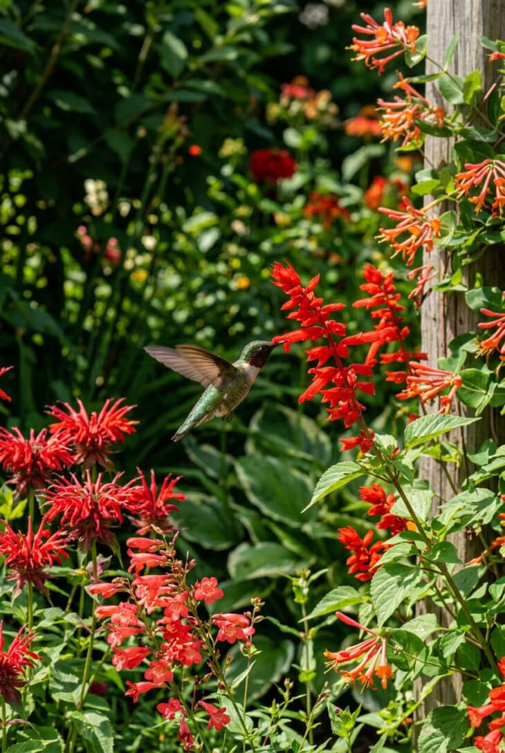 Hummingbird hovering at a scarlet salvia spike among red bee balm and penstemon