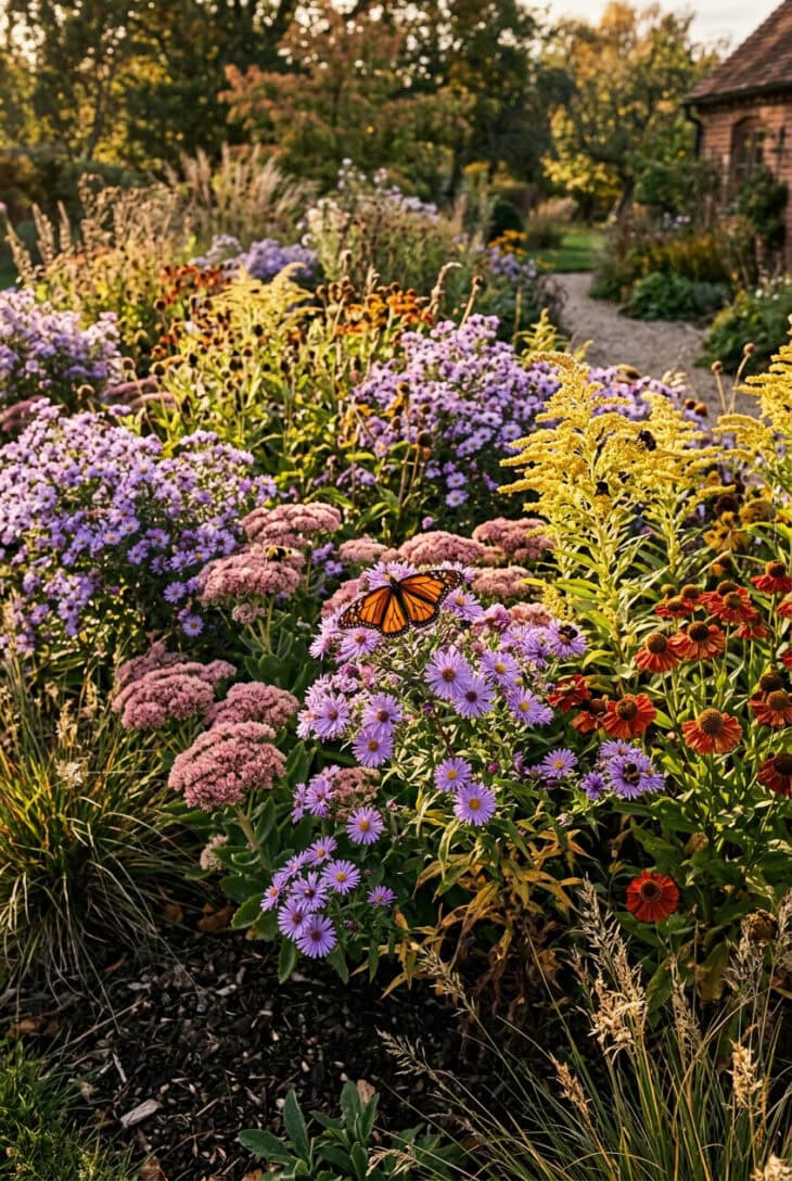 September border of purple asters, pink sedum and golden goldenrod with a monarch