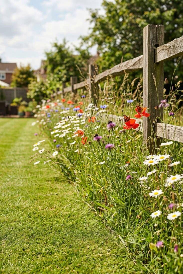 Wildflower meadow strip of daisies, poppies and cornflowers beside a mown lawn