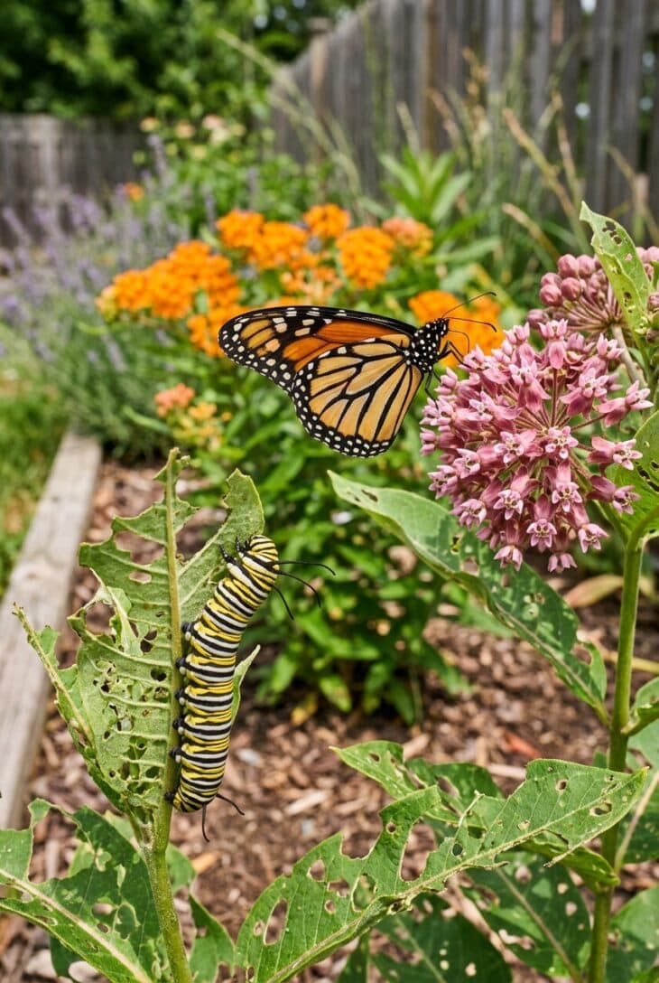 Monarch caterpillar feeding on a chewed milkweed leaf with an adult monarch behind