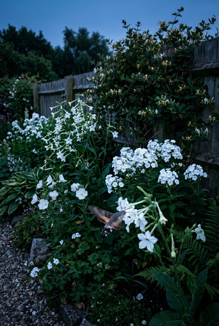 Hawk moth hovering at glowing white flowering tobacco in a border at dusk