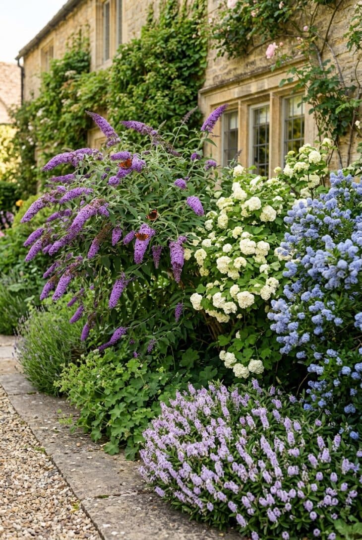 Shrub border with butterfly bush, blue ceanothus and white viburnum in flower