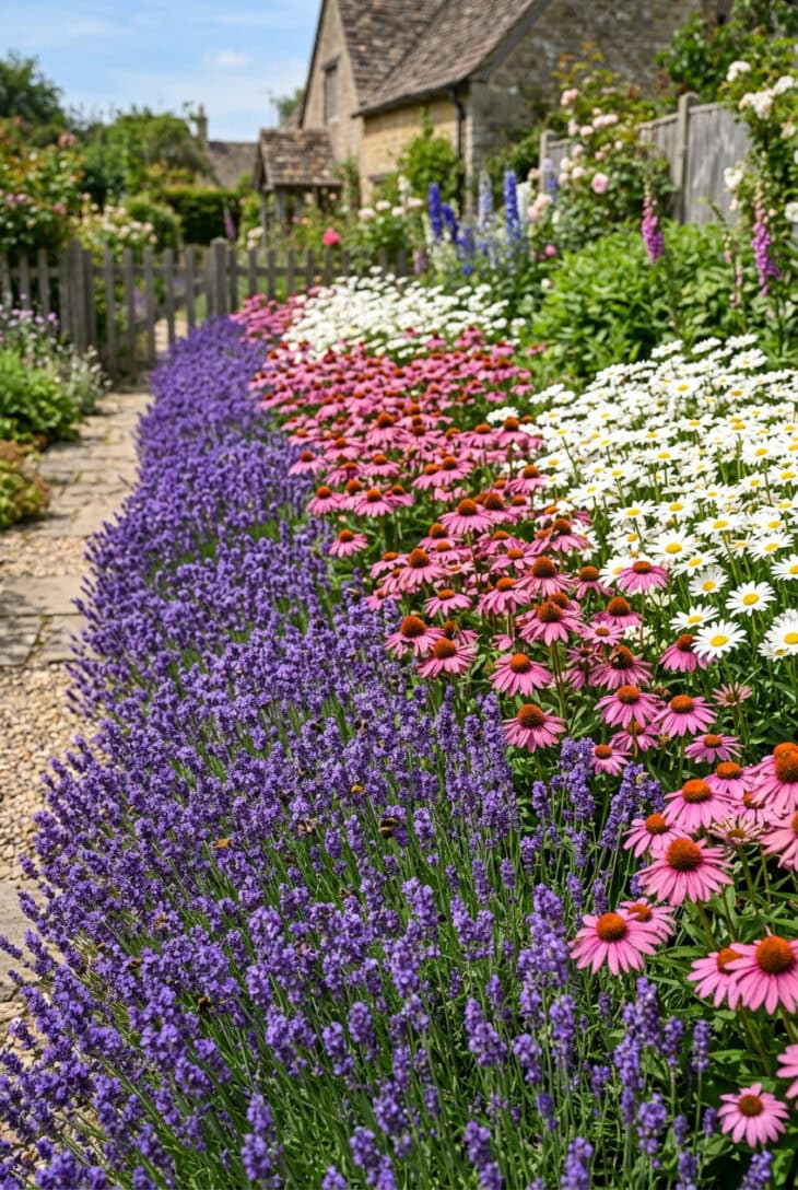 Border planted in wide ribbons of lavender, pink echinacea and white daisies