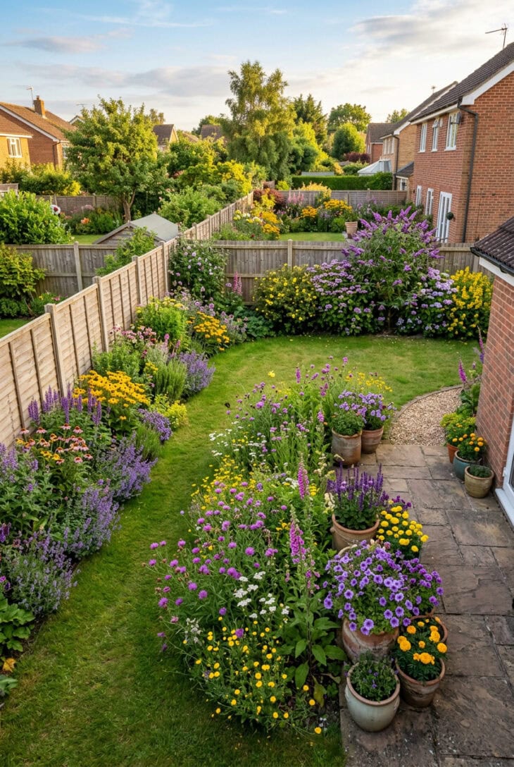 Backyard with nectar border, meadow strip and pots linked in a continuous chain