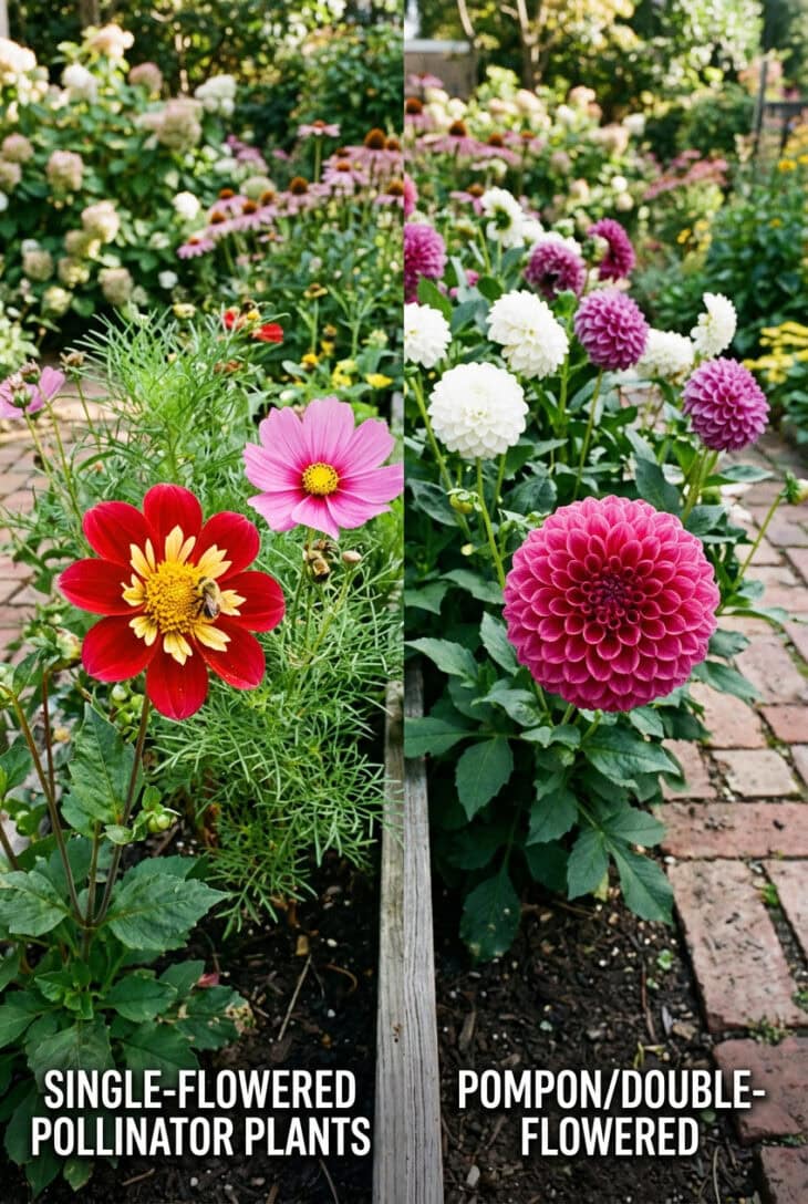 Open single dahlia with a bee in its golden center beside a dense double pompom bloom