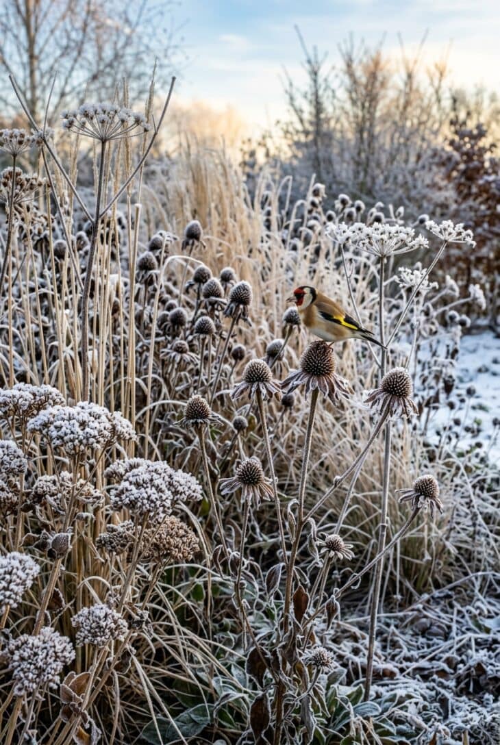 Frosted coneflower and sedum seedheads left standing through winter