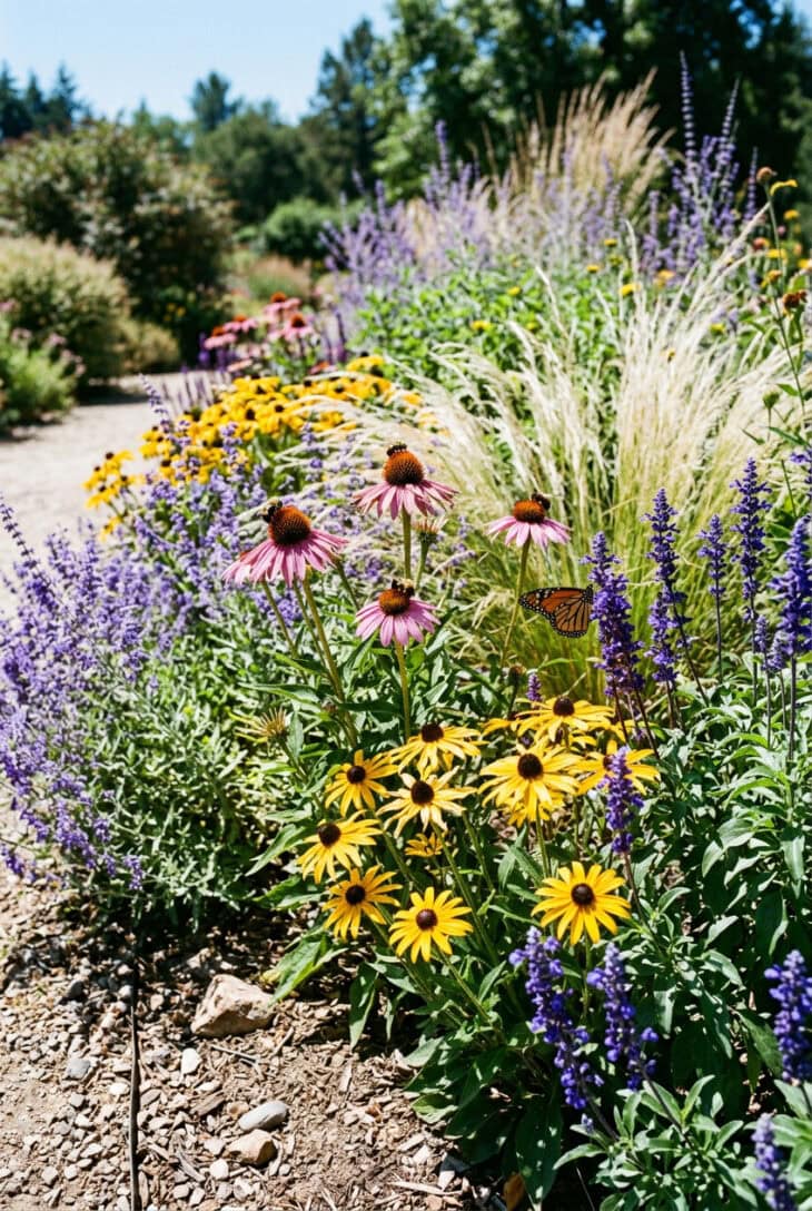 Full-sun border of coneflower, black-eyed susan, Russian sage and blue salvia