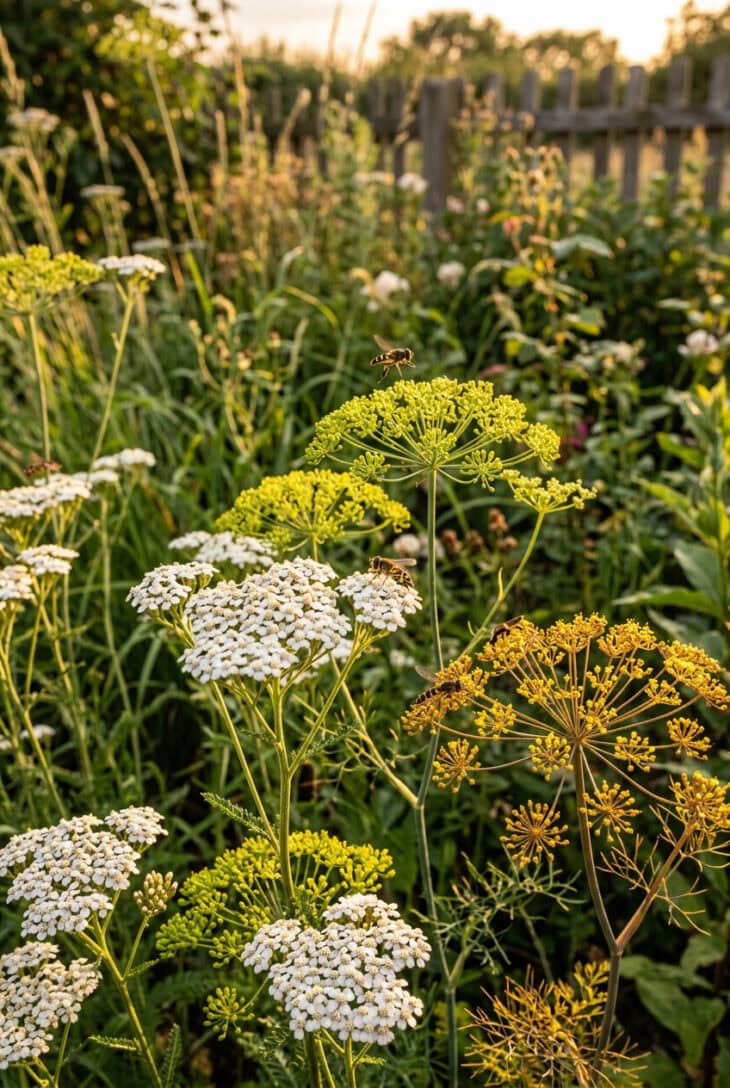 Hoverflies landing on flat white yarrow and chartreuse dill flower heads