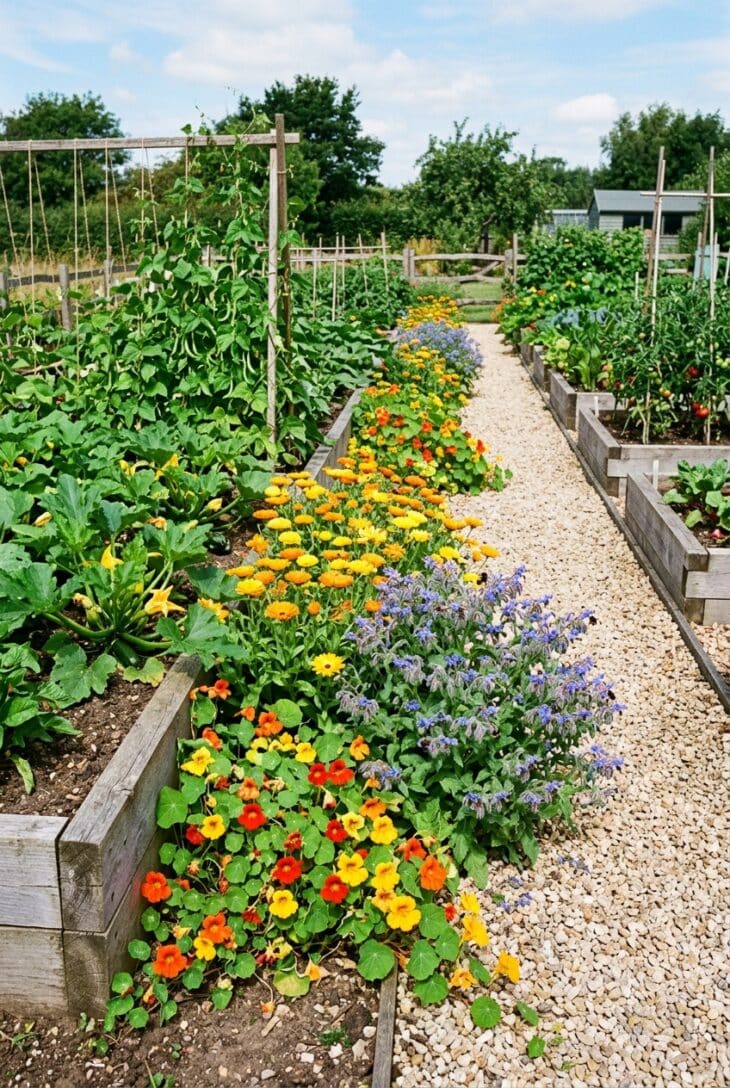 Vegetable beds edged with orange calendula, nasturtiums and blue borage
