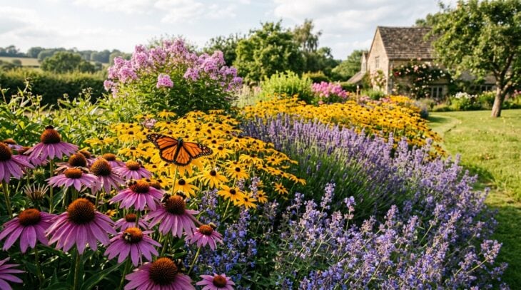 Sunny summer border of coneflowers, catmint and black-eyed susans with bees and a monarch butterfly feeding