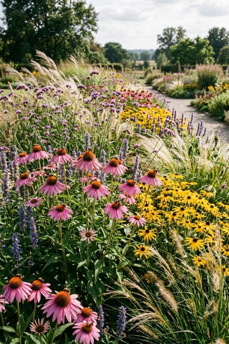 Prairie border of pink echinacea, yellow rudbeckia and purple verbena