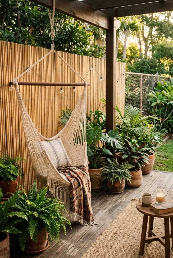 Natural bamboo screening roll wired over a fence behind potted ferns and a hammock chair