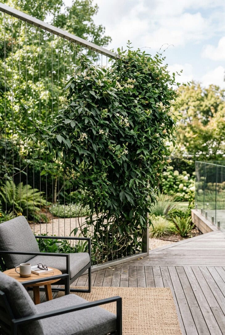 Evergreen climbers growing up tensioned steel cables into a green privacy curtain