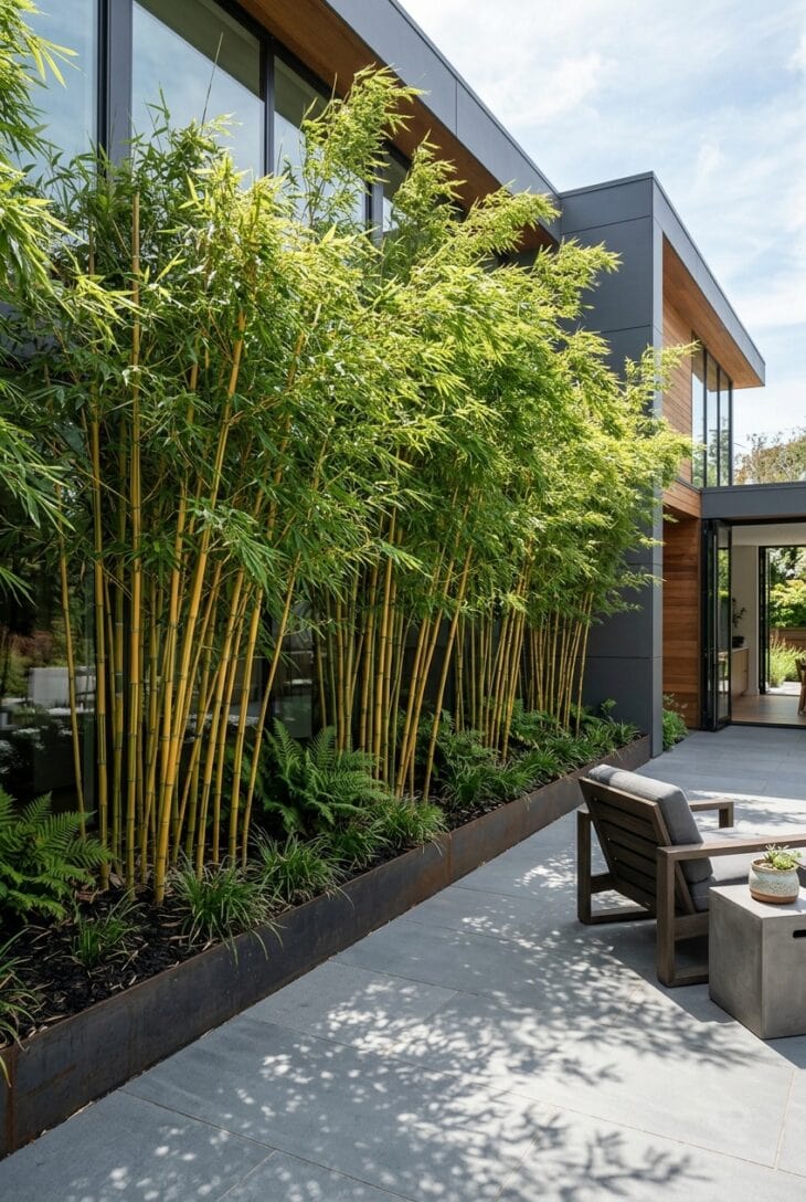 Tall clumping bamboo screen with golden canes in a steel-edged bed beside a patio