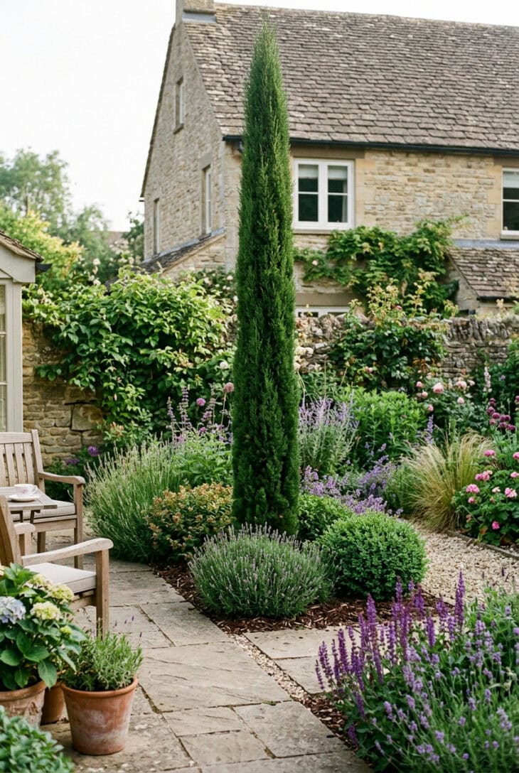 Slim columnar conifer placed in a border to block one specific window sightline