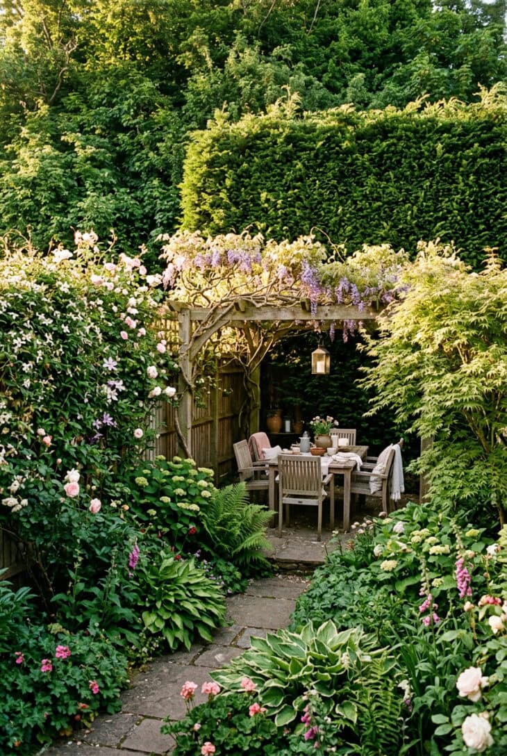 Fully enclosed private garden combining hedge, climber-clad fence, pergola and corner tree