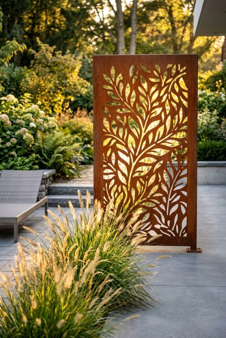 Rusted corten steel screen with laser-cut leaf pattern beside grasses on a patio