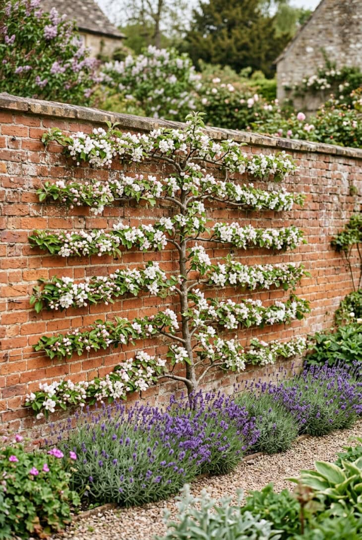 Espaliered apple tree trained in flat tiers against a brick wall above lavender